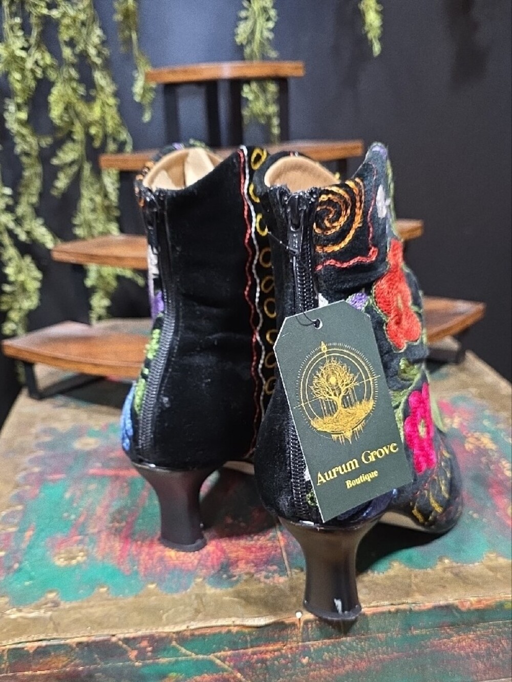 Embroidered Black Floral Western Ankle Boots - Picture 10 of 12